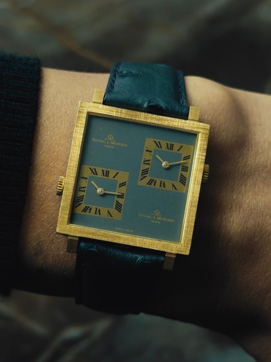 Baume & Mercier Dual Time 18KSG Big Square Case 1970s