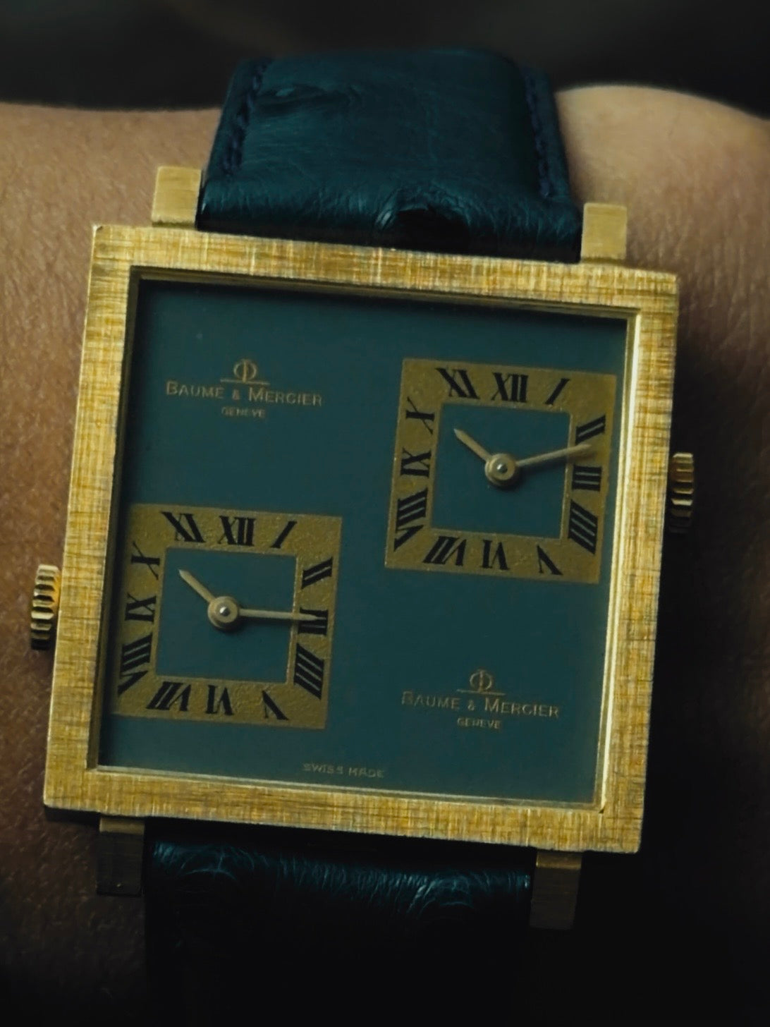 Baume & Mercier Dual Time 18KSG Big Square Case 1970s