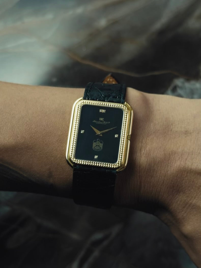 IWC Tank Onyx black Diamonds UAE 18k Solid gold Clous de Paris guilloche 1980s