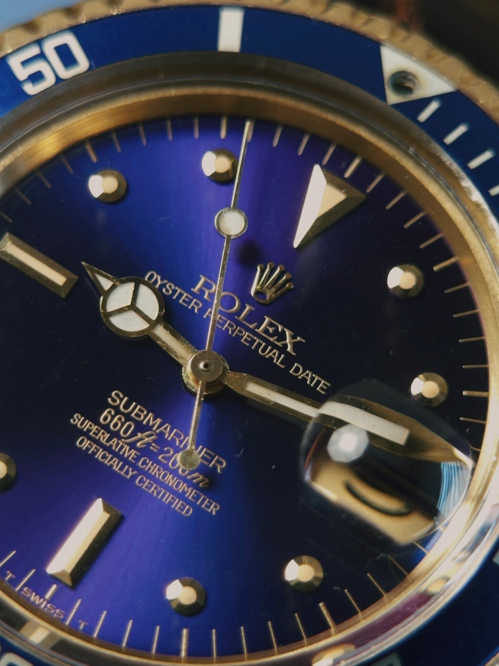 ROLEX 18k YG “PUPLE CHANGE” Nipple Blue Submariner Date 1973s