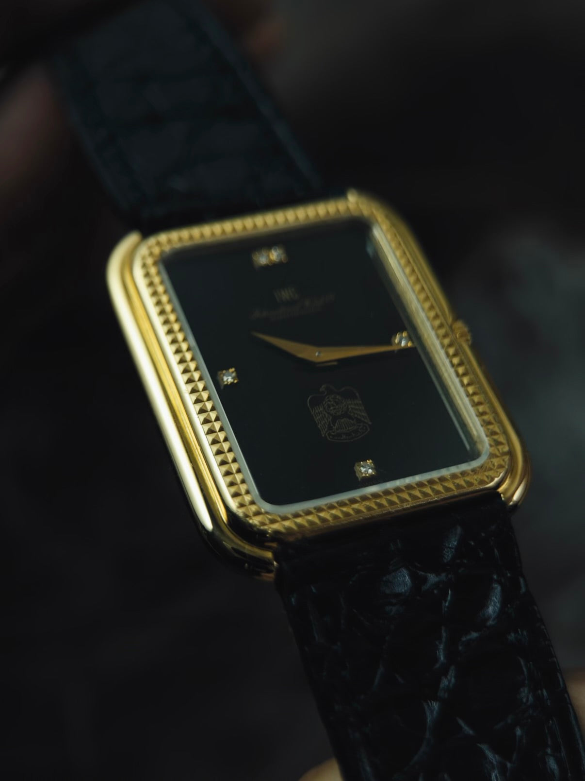 IWC Tank Onyx black Diamonds UAE 18k Solid gold Clous de Paris guilloche 1980s