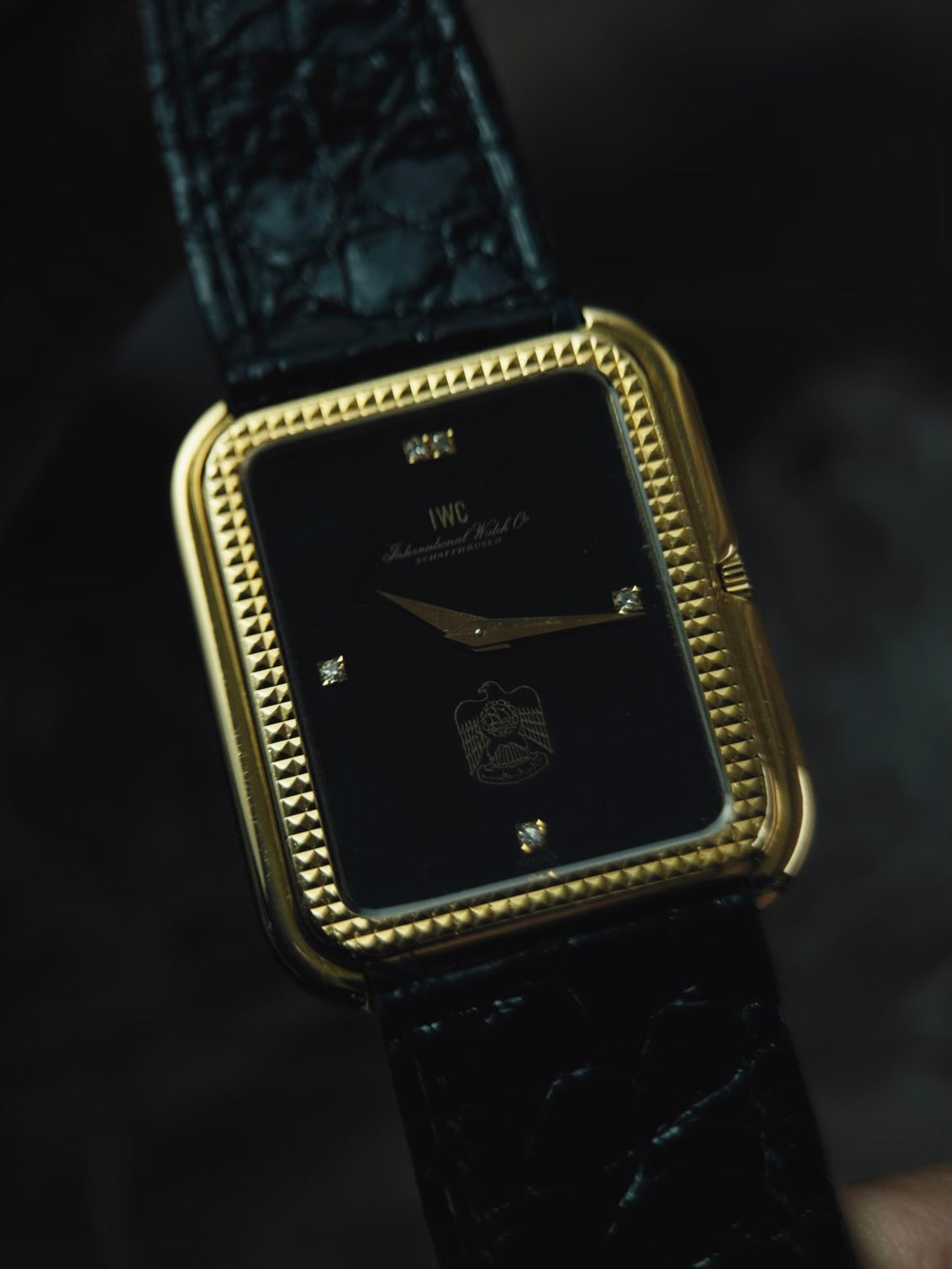 IWC Tank Onyx black Diamonds UAE 18k Solid gold Clous de Paris guilloche 1980s