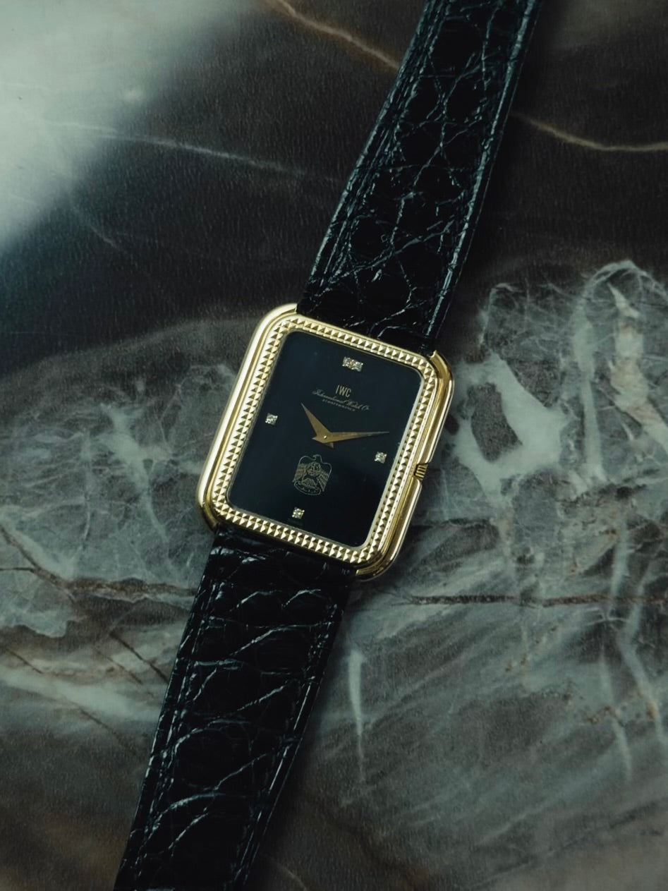 IWC Tank Onyx black Diamonds UAE 18k Solid gold Clous de Paris guilloche 1980s