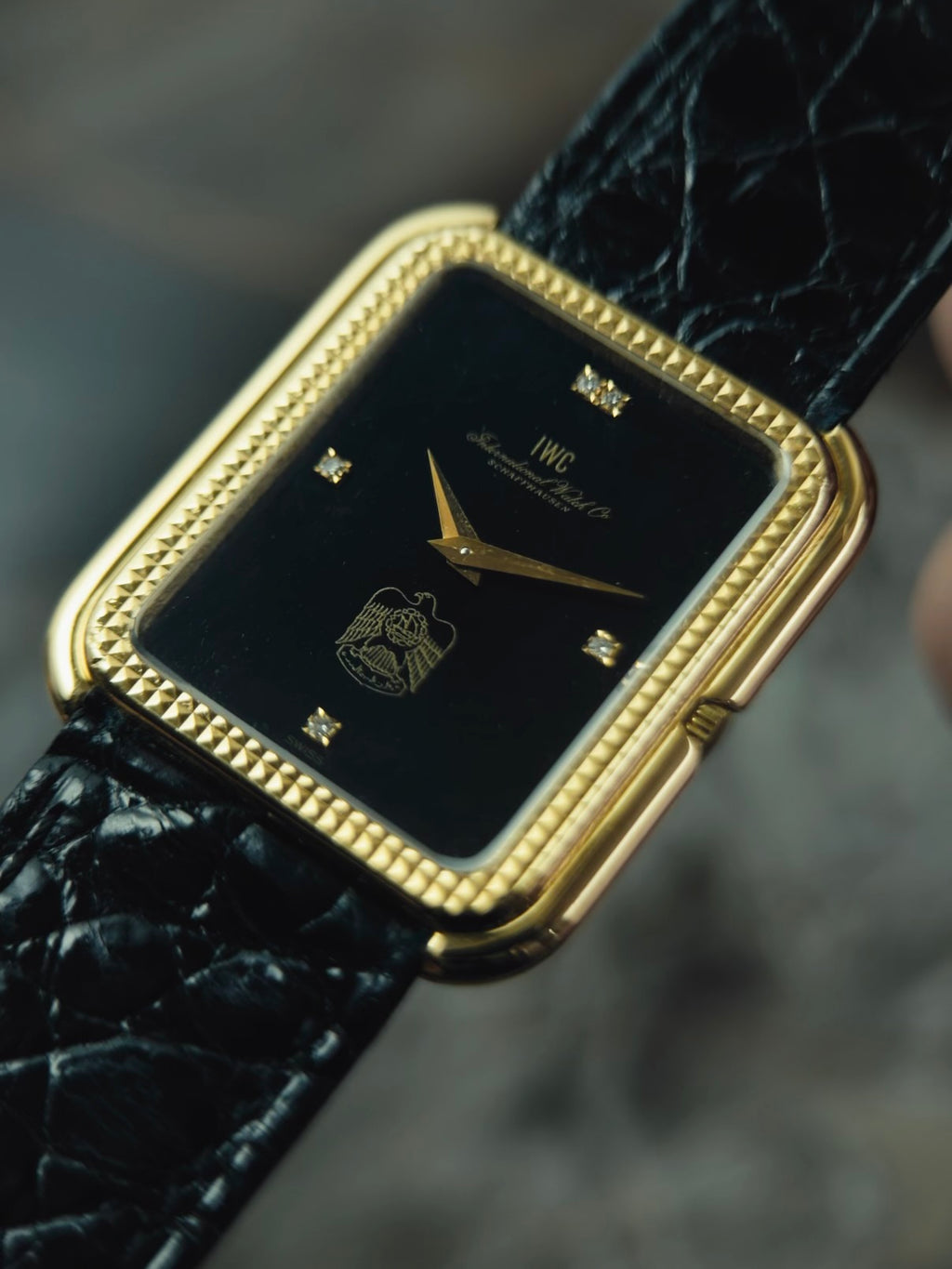 IWC Tank Onyx black Diamonds UAE 18k Solid gold Clous de Paris guilloche 1980s