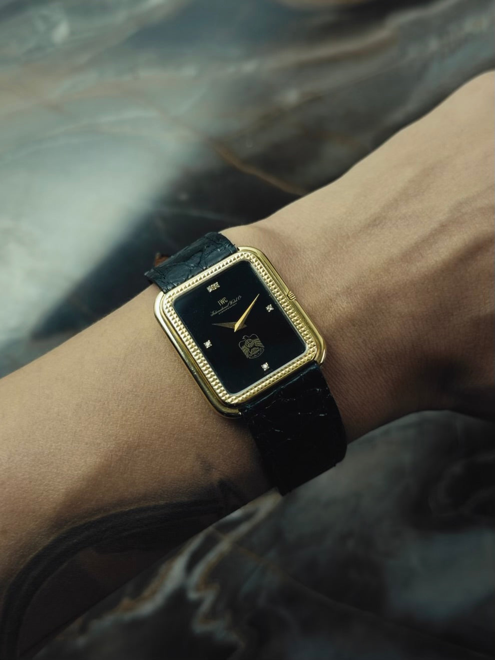 IWC Tank Onyx black Diamonds UAE 18k Solid gold Clous de Paris guilloche 1980s