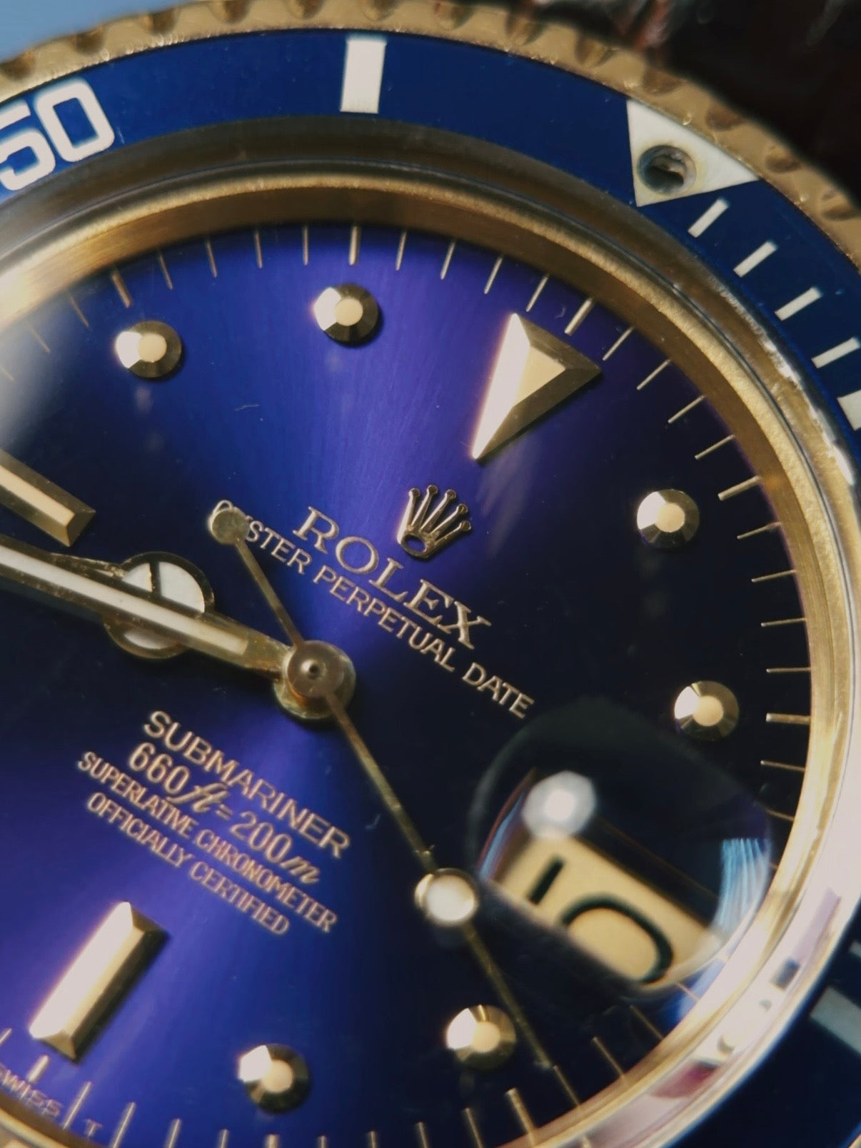 ROLEX 18k YG “PUPLE CHANGE” Nipple Blue Submariner Date 1973s
