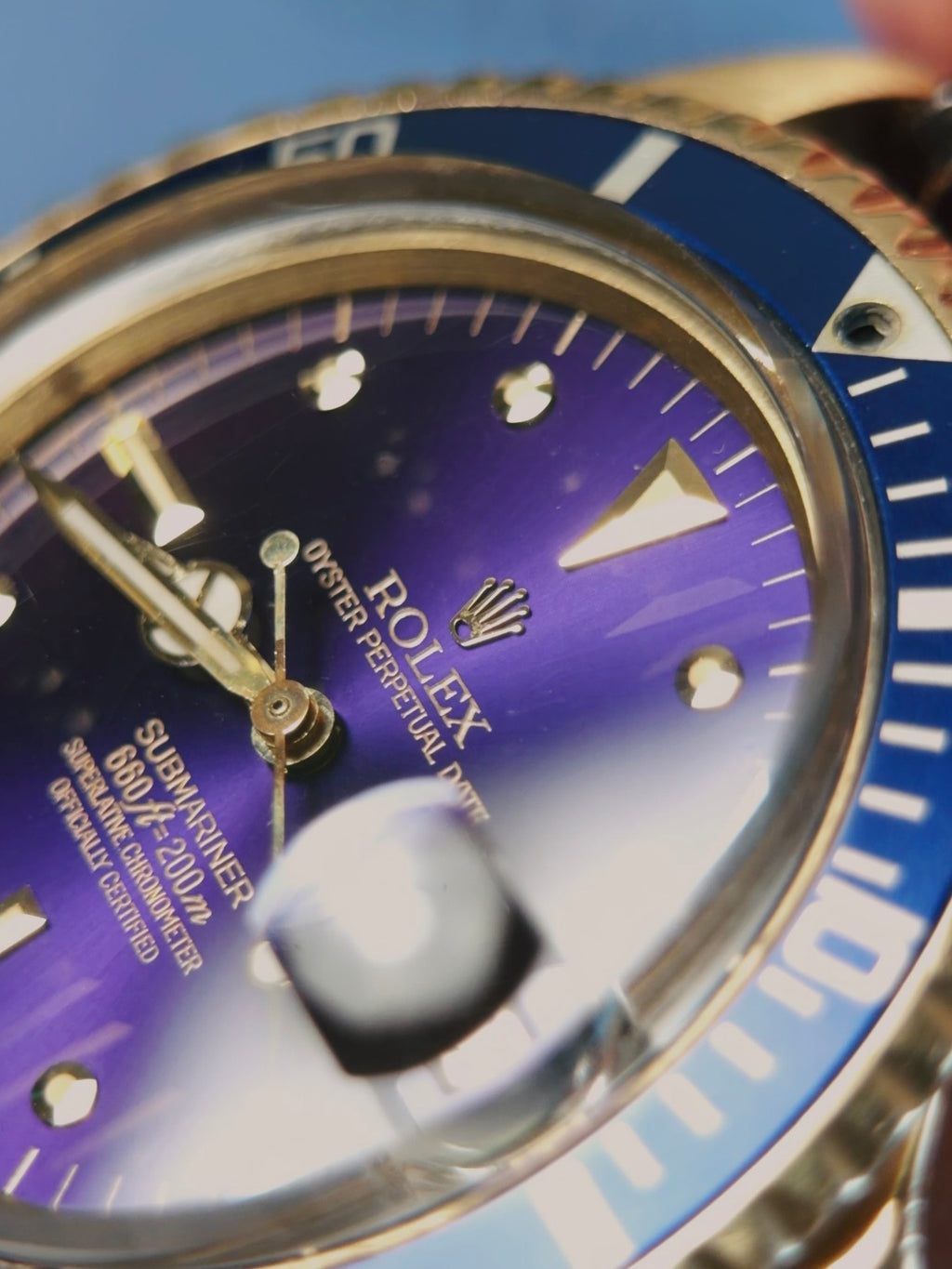 ROLEX 18k YG “PUPLE CHANGE” Nipple Blue Submariner Date 1973s