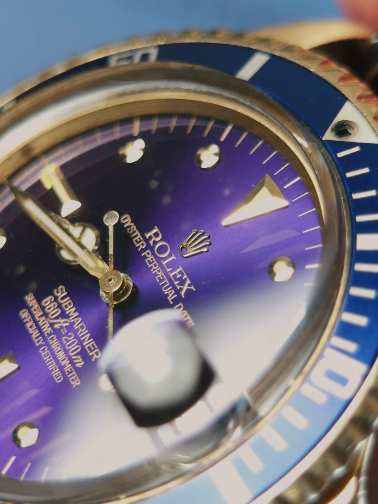 ROLEX 18k YG “PUPLE CHANGE” Nipple Blue Submariner Date 1973s