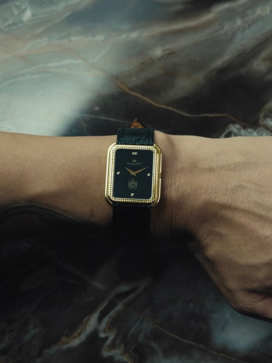 IWC Tank Onyx black Diamonds UAE 18k Solid gold Clous de Paris guilloche 1980s