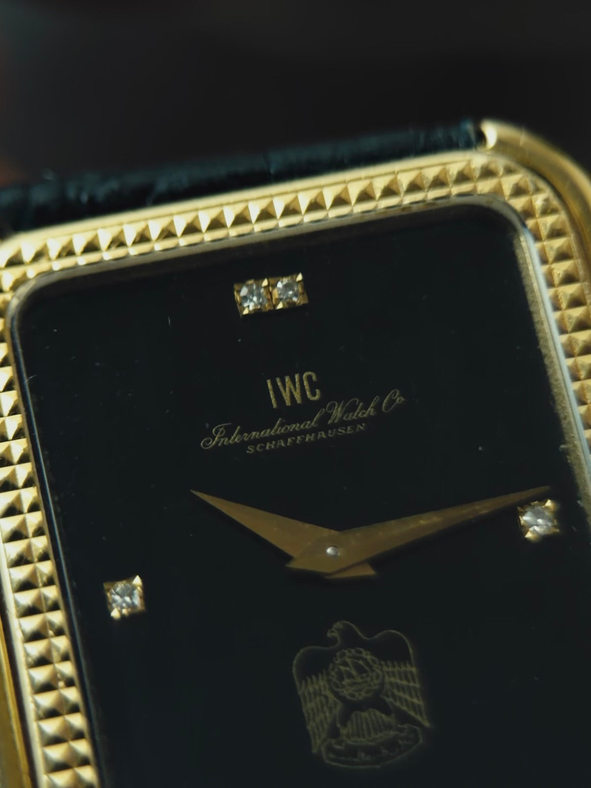 IWC Tank Onyx black Diamonds UAE 18k Solid gold Clous de Paris guilloche 1980s