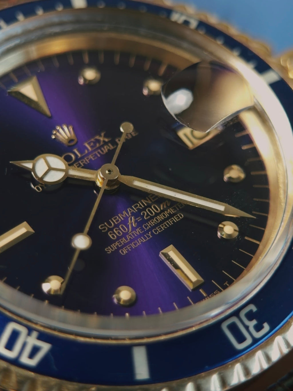 ROLEX 18k YG “PUPLE CHANGE” Nipple Blue Submariner Date 1973s