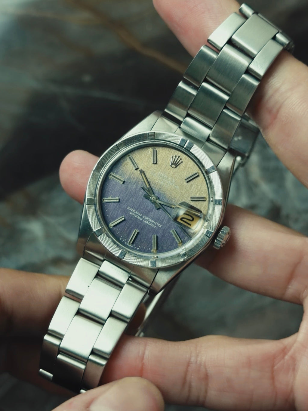 ROLEX Oyster Perpetual Date PurpleGrey tropical dial 1978s