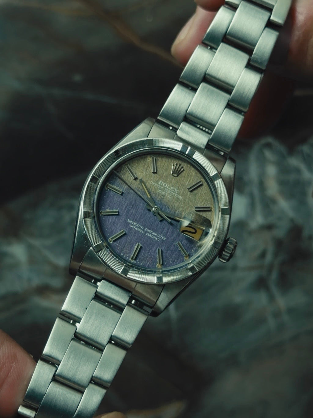 ROLEX Oyster Perpetual Date PurpleGrey tropical dial 1978s
