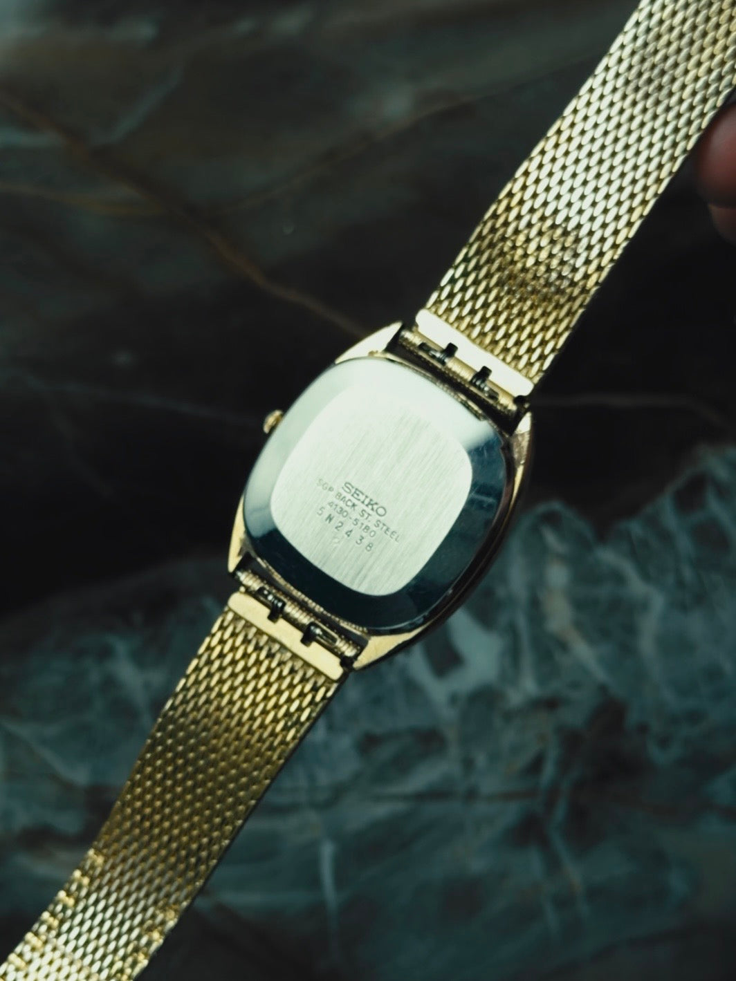 SEIKO Black Dial Gold Tonneau Quartz 1970s