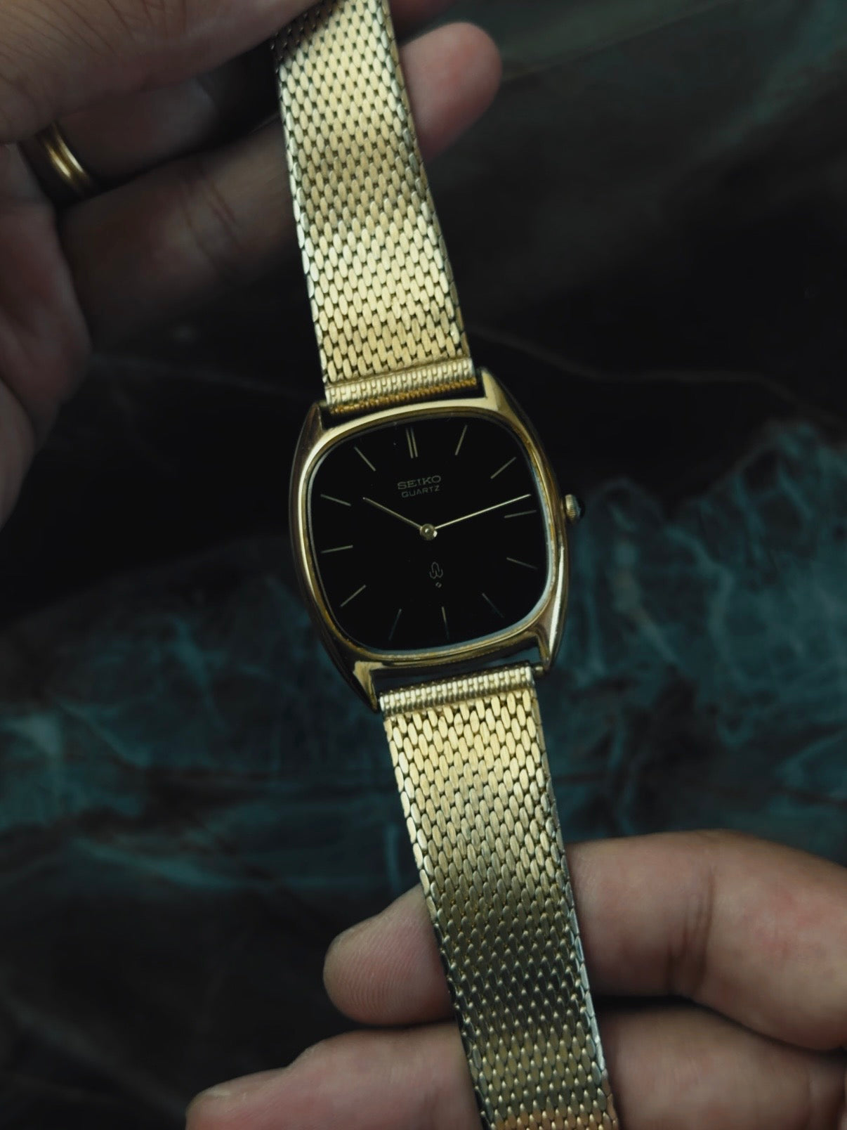 SEIKO Black Dial Gold Tonneau Quartz 1970s